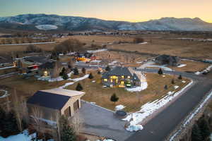 Aerial view at dusk with a mountain view