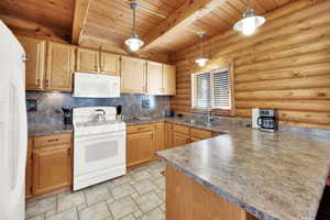 Kitchen featuring beam ceiling, a sink, white appliances, a peninsula, and wooden ceiling