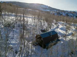 Snowy aerial view featuring a mountain view