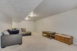 Living area with baseboards, a textured ceiling, and carpet