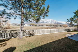 View of yard with a fenced backyard and a mountain view