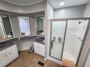 Full bathroom with visible vents, vanity, a shower stall, and tile patterned flooring