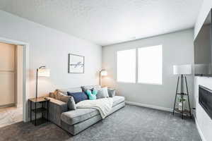 Living room featuring a textured ceiling and baseboards