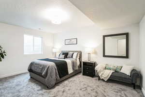 Bedroom featuring light carpet, visible vents, a textured ceiling, and baseboards