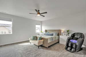 Bedroom featuring visible vents, a ceiling fan, a textured ceiling, carpet flooring, and baseboards