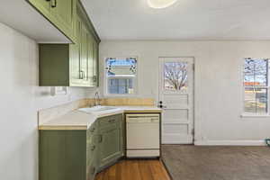 Kitchen with green cabinets, a healthy amount of sunlight, white dishwasher, and a sink