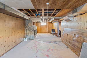 Below grade area featuring wood walls
