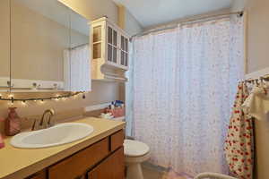 Bathroom with vanity, tile patterned flooring, toilet, and a shower with curtain