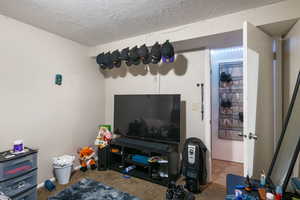 Living room with a textured ceiling, carpet flooring, and baseboards