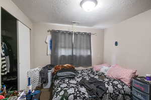 Carpeted bedroom featuring a textured ceiling, visible vents, and a closet