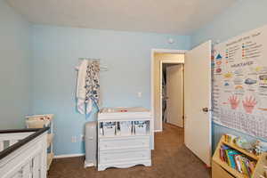 Recreation room with a textured ceiling, carpet, and baseboards