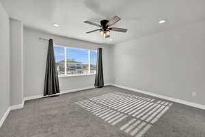 Master Bedroom with carpet, recessed lighting, and ceiling fan