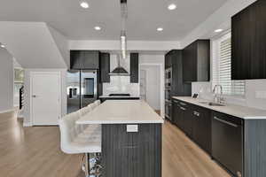 Kitchen with modern cabinets, decorative backsplash, a kitchen island, a kitchen breakfast bar, and stainless steel appliances