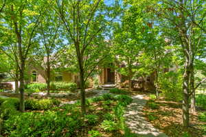 View of property hidden behind natural elements with stone siding