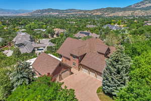 Aerial view of residential area with mountains