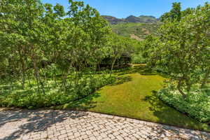 View of grassy yard with a mountain view