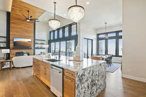 Kitchen with hardwood / wood-style flooring, a sink, stainless steel dishwasher, a high ceiling, and a fireplace