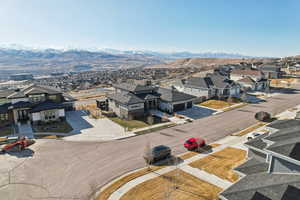 Drone / aerial view with a residential view and a mountain view
