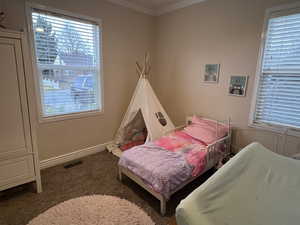 Bedroom 2 on main floor with baseboards, carpet, visible vents, and ornamental molding