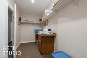 Spacious closet featuring dark carpet