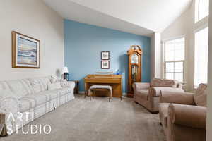 Carpeted living room featuring high vaulted ceiling