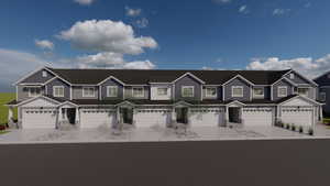 Townhome / multi-family property with a residential view, board and batten siding, and driveway