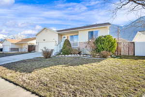 Ranch-style home featuring driveway, a front yard, and fence