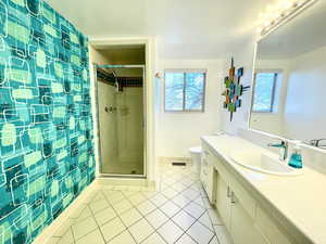 Bathroom with visible vents, plenty of natural light, and a shower stall