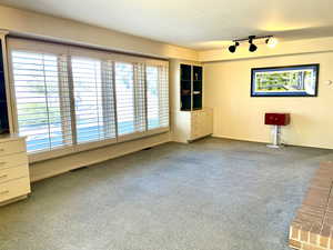 Carpeted empty room featuring rail lighting and visible vents