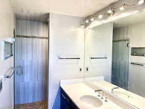 Bathroom with vanity and a shower stall