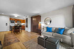 Living room with recessed lighting and light wood-style flooring