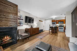 Living area with light wood-style floors, visible vents, and a large fireplace