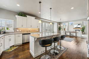 Kitchen featuring a kitchen island, dark wood-style flooring, a sink, decorative backsplash, and stainless steel dishwasher