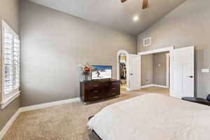 Bedroom with a spacious closet, visible vents, baseboards, light carpet, and high vaulted ceiling