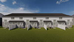 Rear view of property with a shingled roof, a yard, a sunroom, and a wooden deck