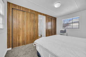 Bedroom with connected bathroom, carpet, and wood walls