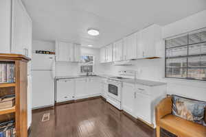 Kitchen with dark wood-type flooring, under cabinet range hood, light stone counters, white appliances, and a sink