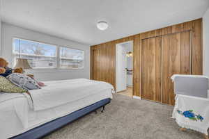 Bedroom with multiple windows, light carpet, and wood walls