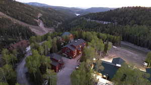 Drone / aerial view featuring a mountain view and a wooded view