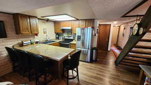 Kitchen featuring dark wood-style floors, a peninsula, a sink, stainless steel appliances, and under cabinet range hood