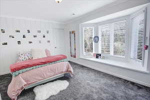 Carpeted bedroom with visible vents, baseboards, and ornamental molding