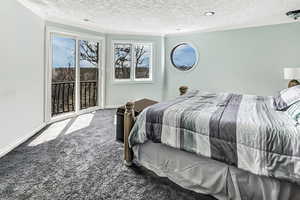 Carpeted bedroom with access to exterior, a textured ceiling, crown molding, and baseboards