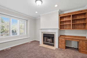 Private office off of foyer with fireplace and built-in shelves