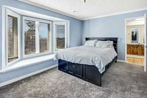 Carpeted bedroom with visible vents, a textured ceiling, baseboards, and ornamental molding