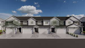 Multi unit property featuring stone siding, driveway, and board and batten siding
