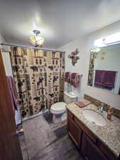 Bathroom featuring vanity, a shower with shower curtain, toilet, and wood finished floors