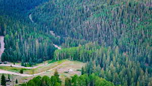 Aerial view of property and surrounding area featuring a forest