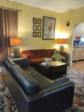 Living room featuring light wood-type flooring and arched walkways