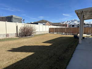 View of yard with a mountain view and a fenced backyard