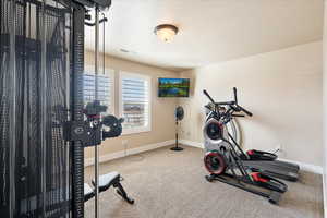 Exercise area with visible vents, carpet, baseboards, and a textured ceiling